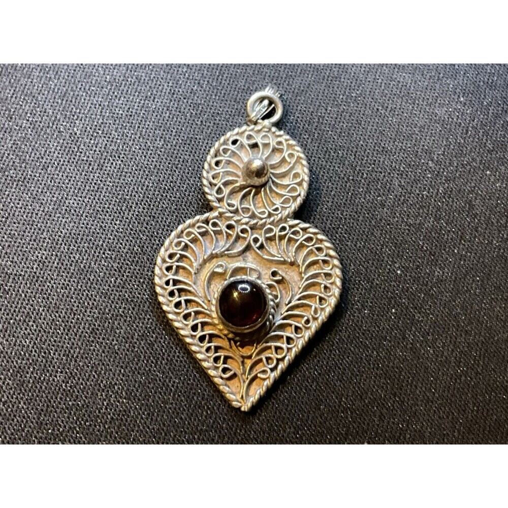 Vintage 925 Silver Bali Heart Garnet Filigree Pendant